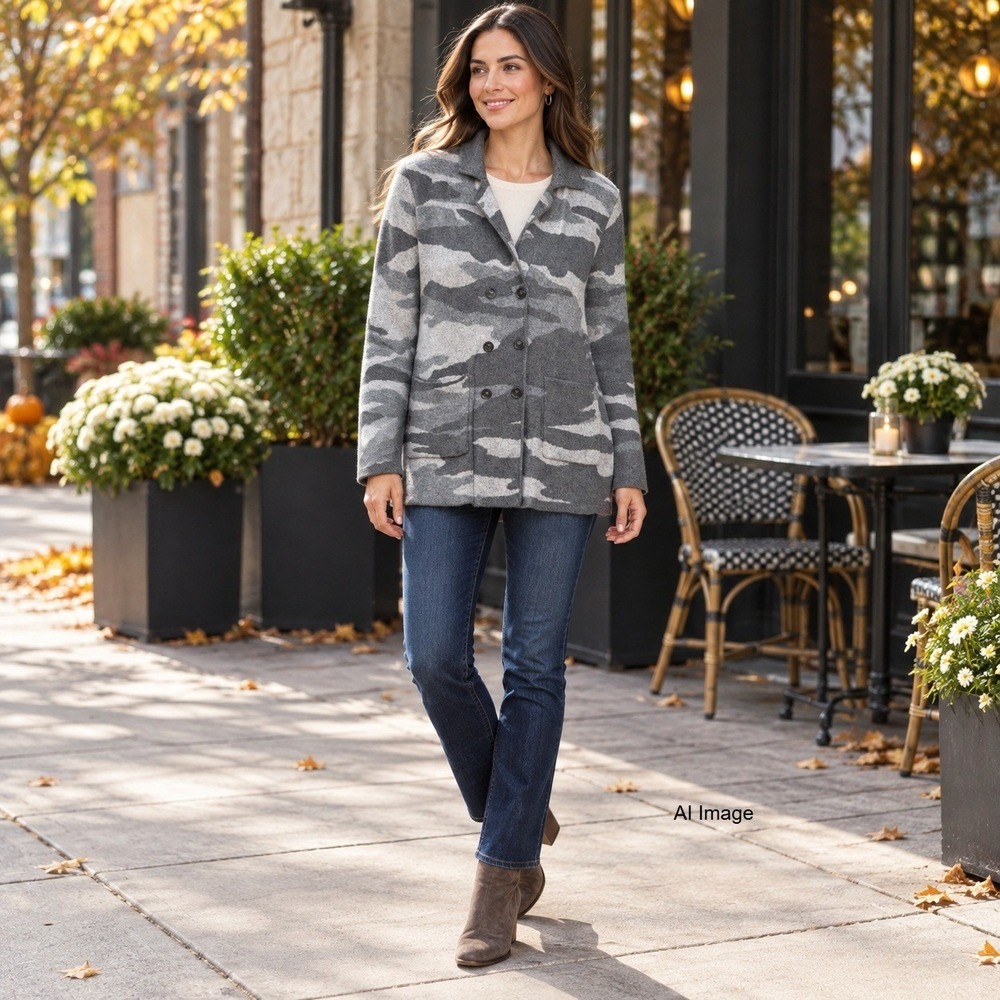 Camo Cardigan Womens Medium Wool Cashmere Blend Gray Faux Double Breasted